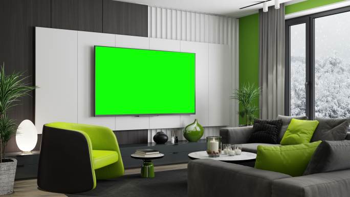 4k电视屏幕，色度键为绿色。现代极简主义公寓室内设计。客厅冬天的景色。