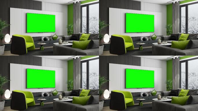 4k电视屏幕，色度键为绿色。现代极简主义公寓室内设计。客厅冬天的景色。