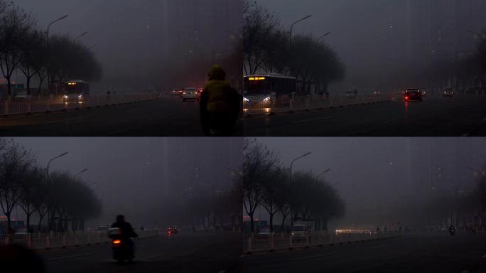 清晨街道上的行人和车辆，雾霾笼罩