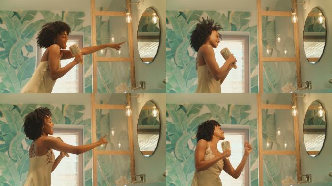 感觉棒极了。非洲裔女性喜欢早上上厕所，在镜子前玩得很开心。对着成像麦克风唱歌