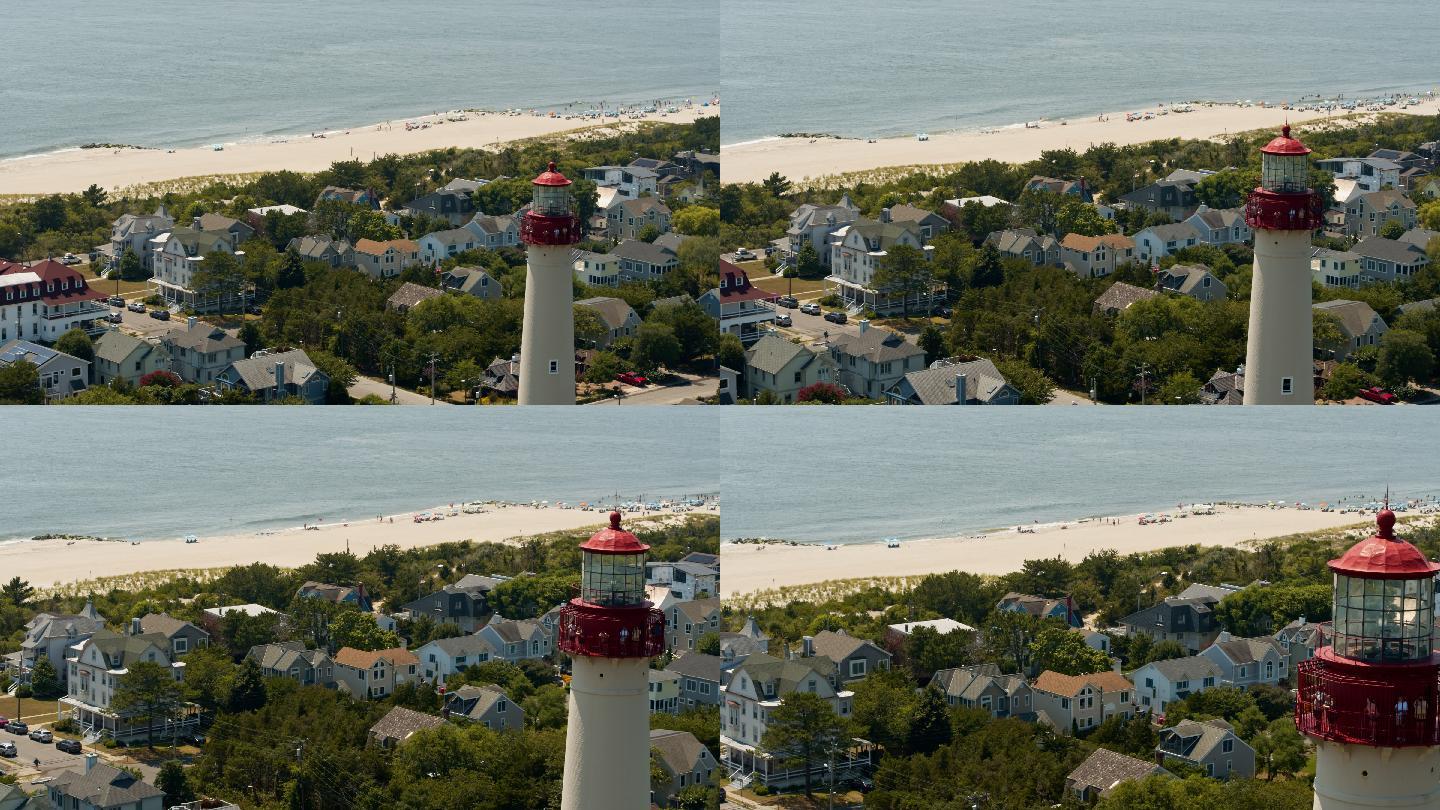 新泽西州五月角的灯塔，在一个阳光明媚的夏天。空中全景视频，摄像机可前后移动。