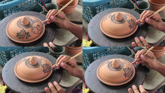 特写手工装饰陶瓷青瓷，泰国素可泰艺术，制作泰国陶瓷工艺品