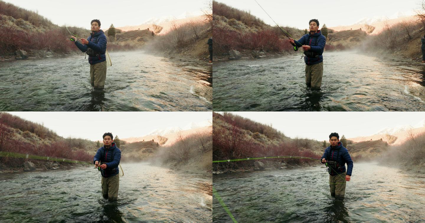 犹他州普罗沃河上的亚裔男子飞钓