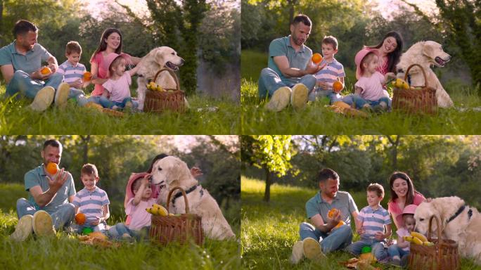 可爱的一家人和一条狗一起享受野餐。