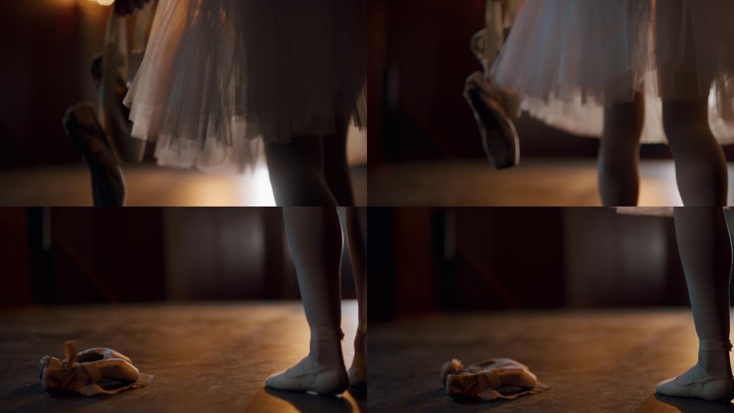 SLO MO芭蕾舞演员把她的芭蕾舞鞋掉在了舞台上
