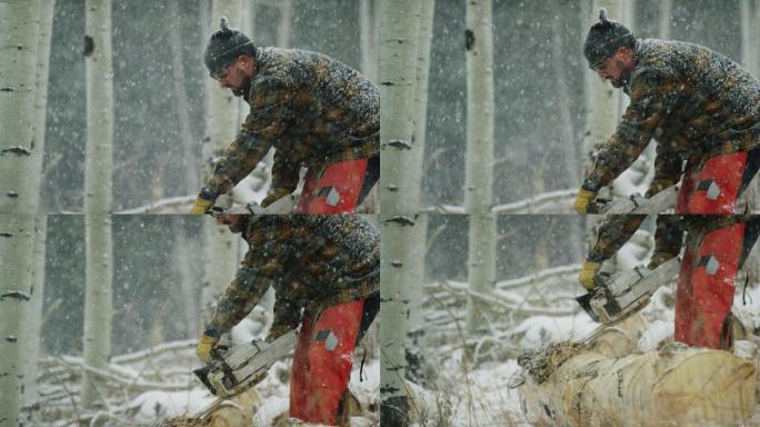 一个30多岁、留着胡子的白种人在森林里的一个下雪的冬日里用电锯砍断了一根白杨木原木