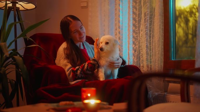 女人在家里和她的狗度过舒适的冬夜