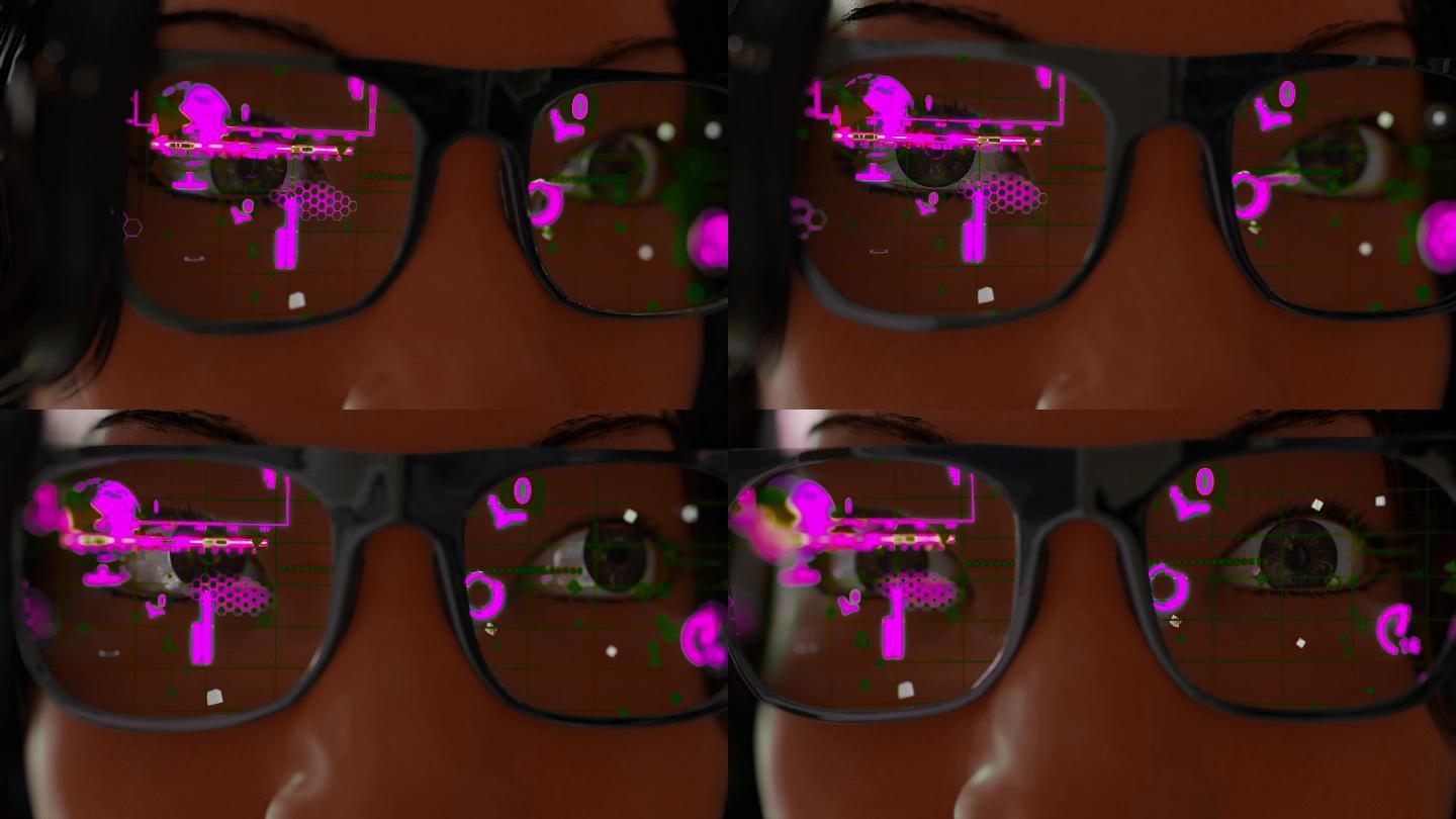 戴着现代眼镜的女人智能眼镜和未来屏幕的现实概念。虚拟技术。被统计和苹果分析包围的眼睛特写