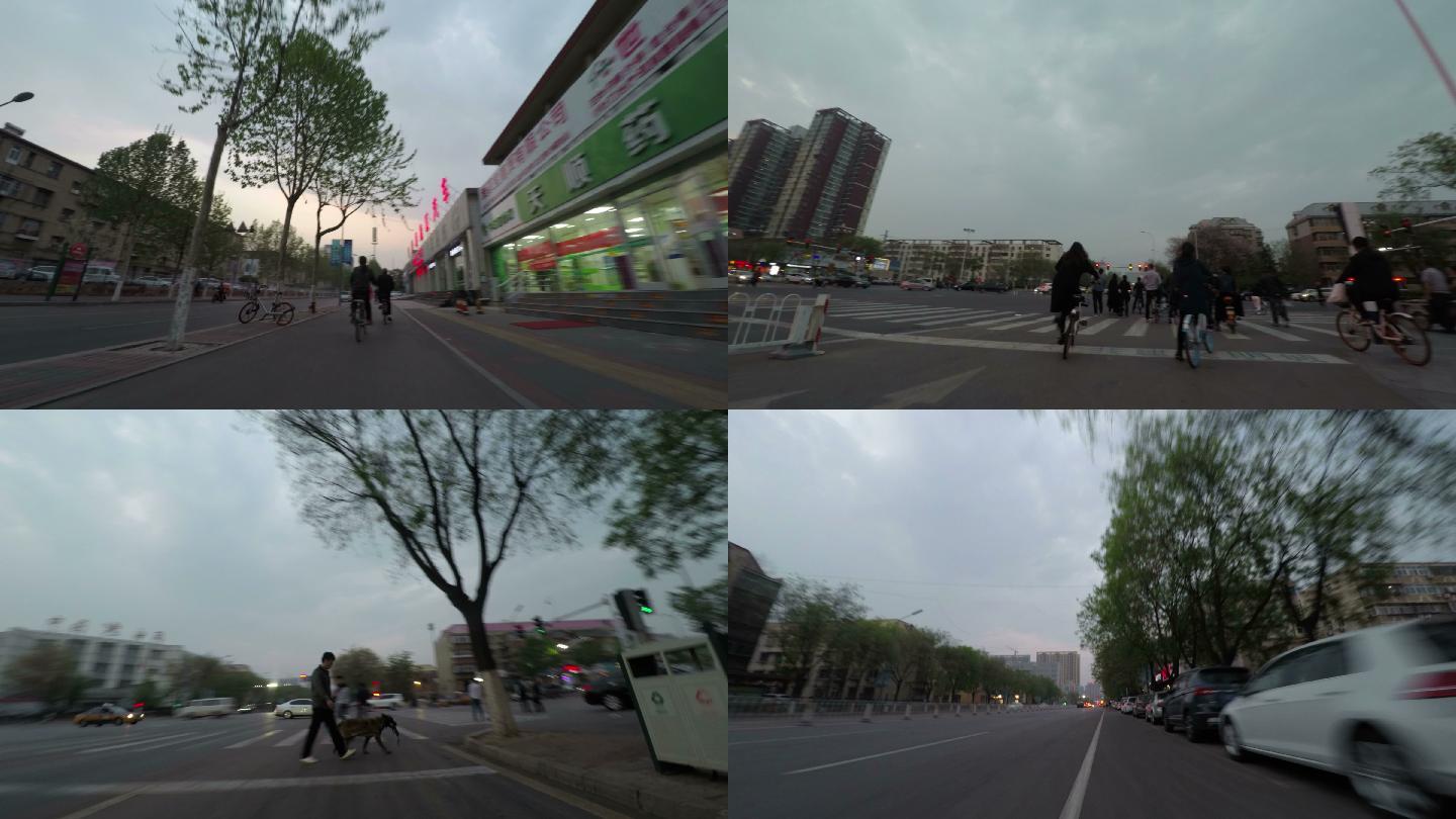 中国唐山晚街穿梭骑车主观视角