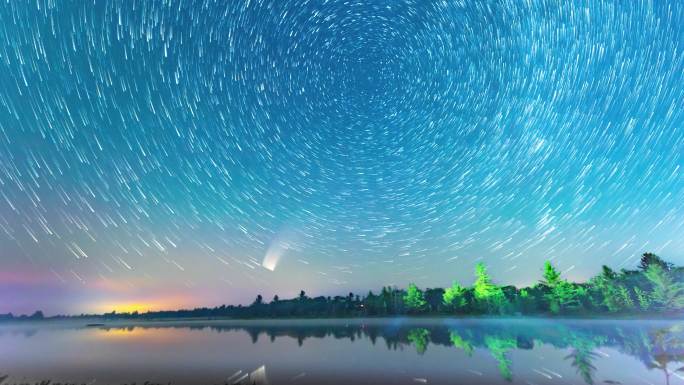 加拿大格拉文赫斯特托伦斯贫瘠黑暗天空保护区，时间推移同心运动恒星和彗星Neowise，C/2020 