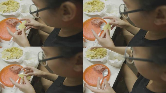 亚洲女性手工制作馄饨和饺子馅。概念：爱，食物，晚餐的客人。