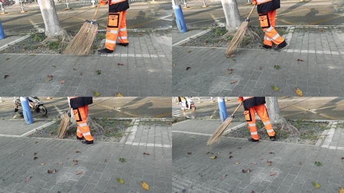 环卫工人打扫保洁，道路清扫基层劳动者