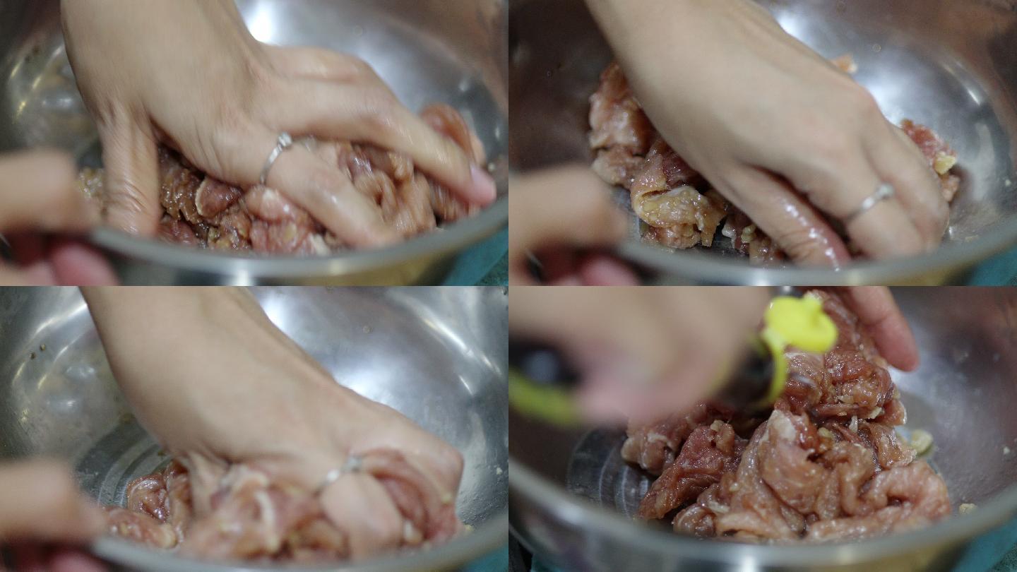 年轻成年女性在家煮生猪肉