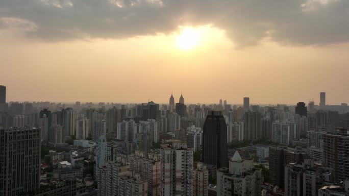 4K原素材-航拍金色霞光静安区城市全景