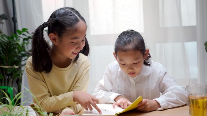 两名学习写作业亚裔女孩