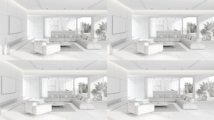 现代极简主义公寓室内设计。客厅，带厨房和餐厅。空白场景没有纹理。