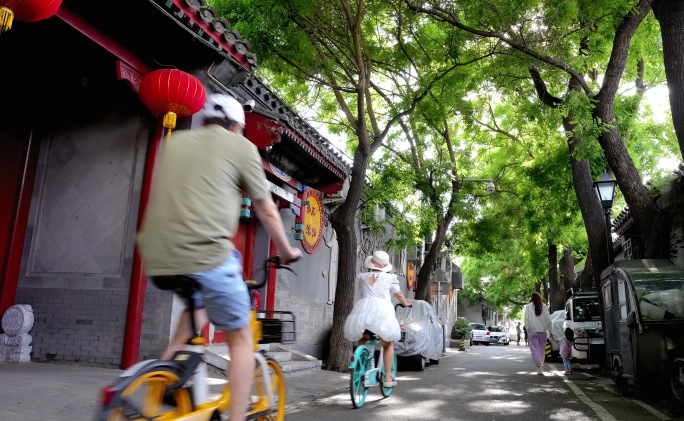 北京胡同骑自行车素材
