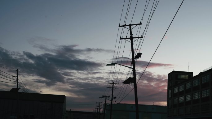 日落时城市电线杆的低角度视图