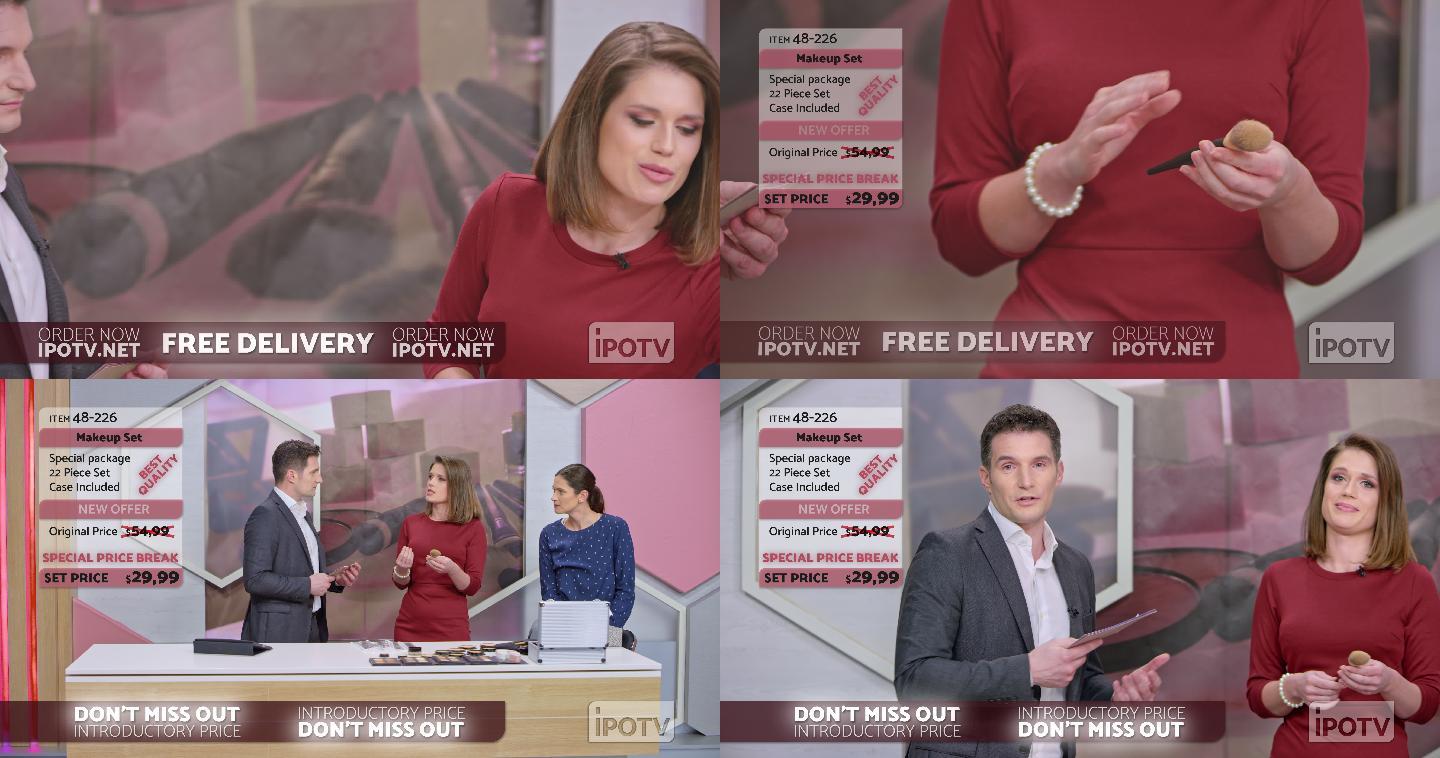 美国电视广告蒙太奇：女化妆师在电视广告秀上展示化妆刷