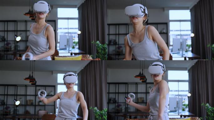 Existie享受3d虚拟游戏未来体验年轻的亚洲女性佩戴vr耳机技术观看模拟数字世界手势控制自己击败
