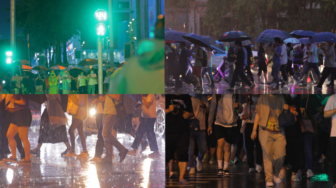 下雨夜晚过马路的城市人流 脚步 步伐