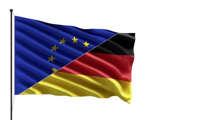 4k欧盟和德国在桅杆上迎风飘扬旗帜