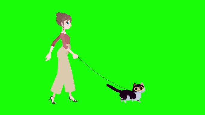 欢快的女人走路带猫卡通动画，绿色背景色度键