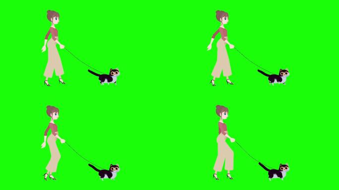 欢快的女人走路带猫卡通动画，绿色背景色度键
