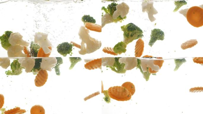 蔬菜掉入水中的慢动作视频