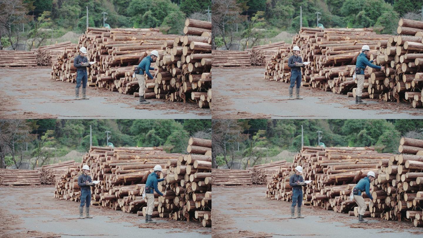 两名林业工人在一个木材分类设施测量倒下的木材