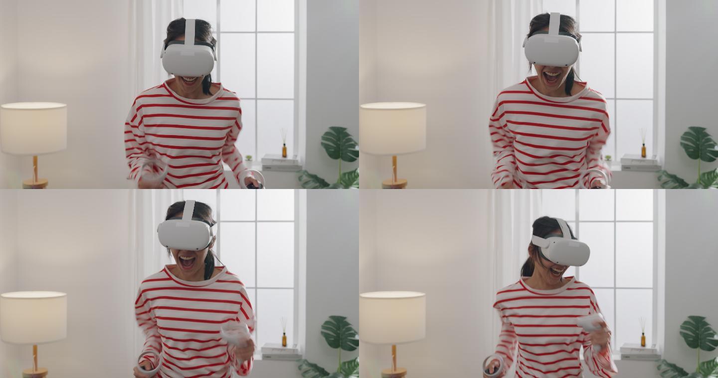 年轻女子戴着VR耳机在家客厅体验模拟数字世界运行游戏动作模拟器游戏手机app。