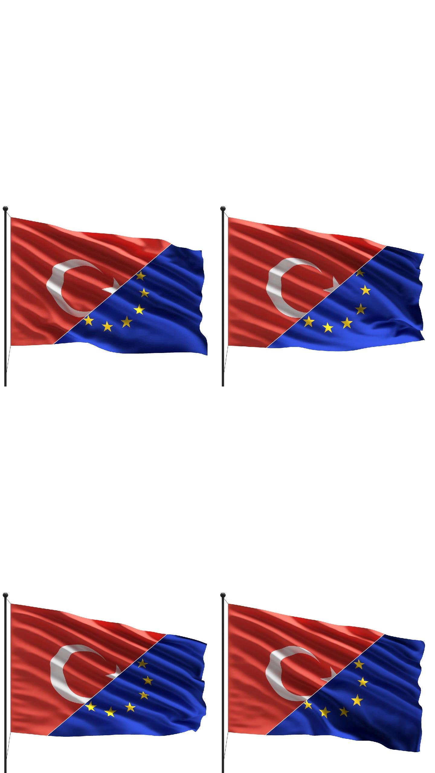 风中的欧盟和土耳其国旗在白色背景上与复制空间隔离