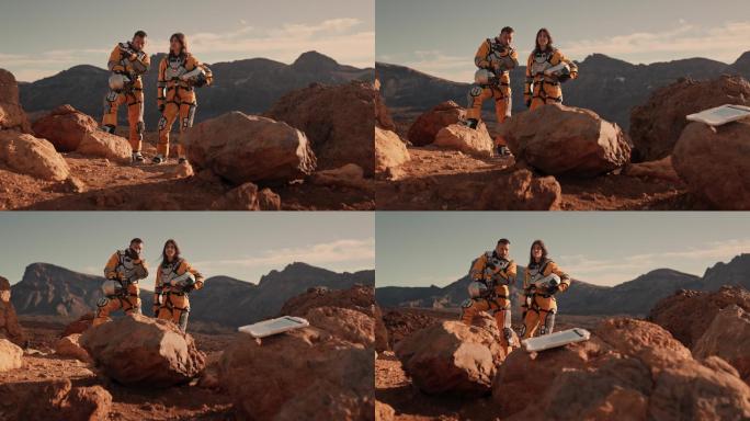 两名宇航员在火星上戴着头盔。在外星上观光