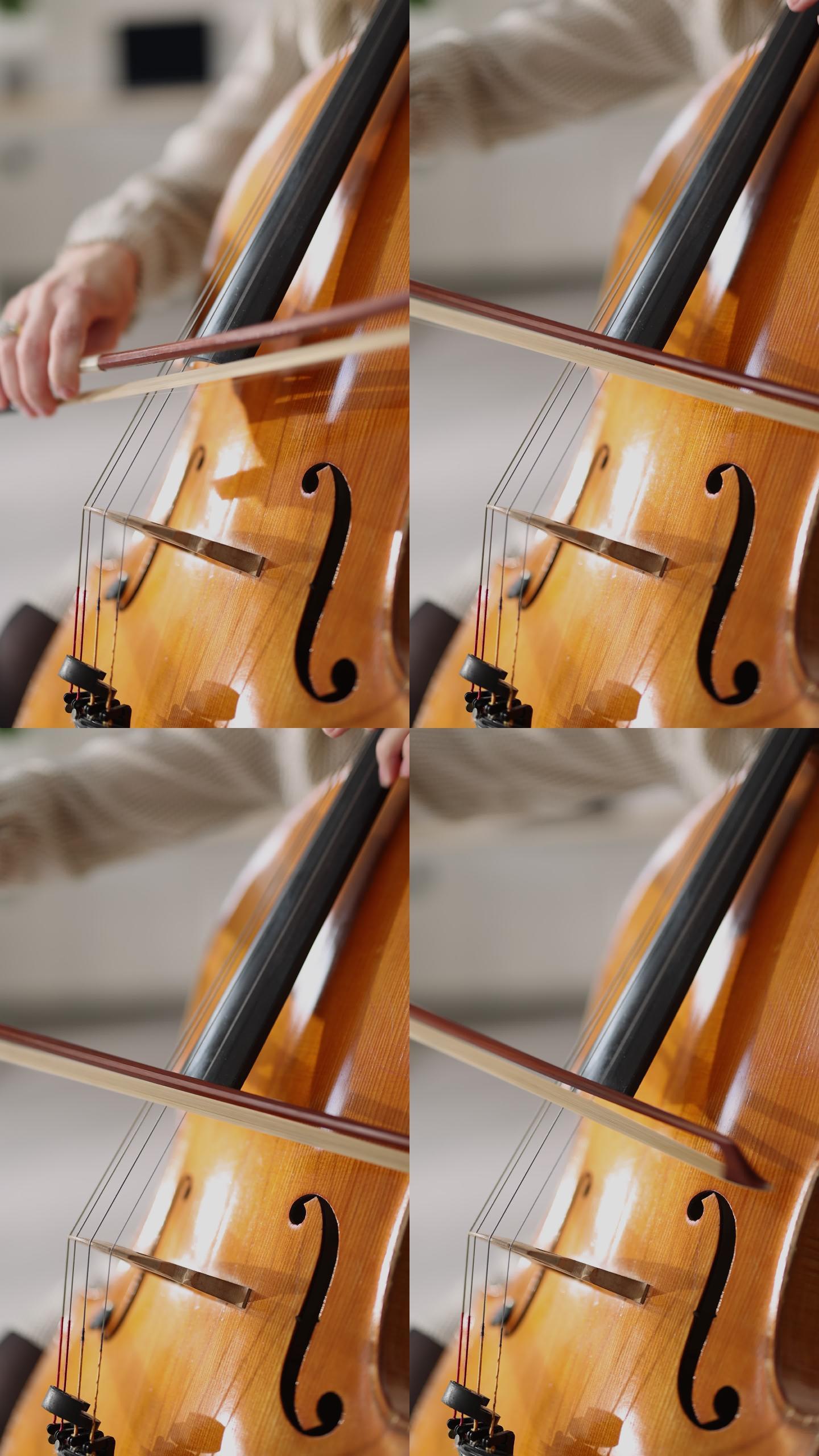大提琴琴弓和琴弦的特写镜头
