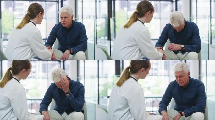 4k视频，一名老年男子坐在诊所里接受医生的安慰