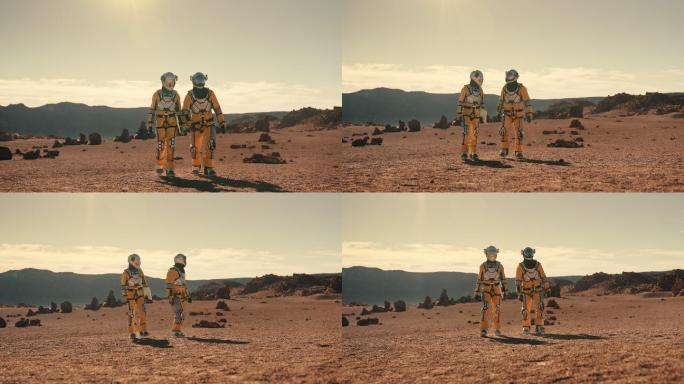 两名宇航员在火星上。探索外星行星