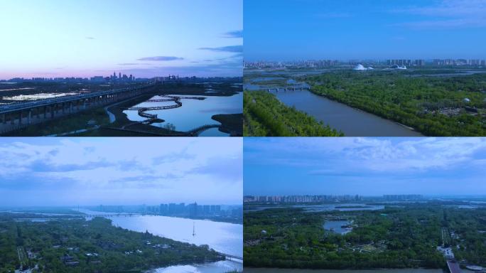 城市风景航拍哈尔滨春季航拍自然松花江江桥