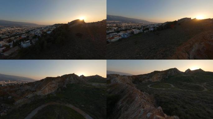 日落、黄昏时，在雅典北部的普赛奇科废弃采石场拍摄了4K的快速航空FPV镜头——普赛奇科、查兰德里、马