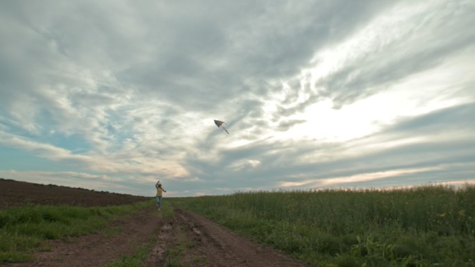 在麦田上空，一名女子在晴朗的蓝天下放风筝。童年的乐趣。在农田里奔跑。