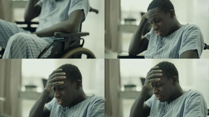 病人坐在医院的轮椅上。