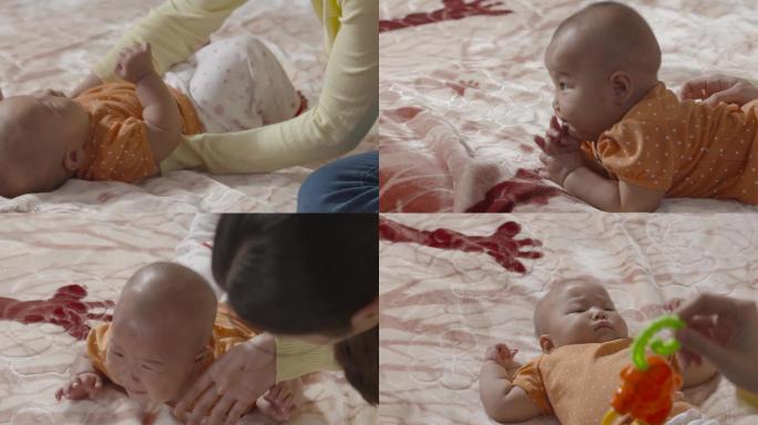 可爱宝宝幸福一家人婴儿在床上和妈妈玩耍