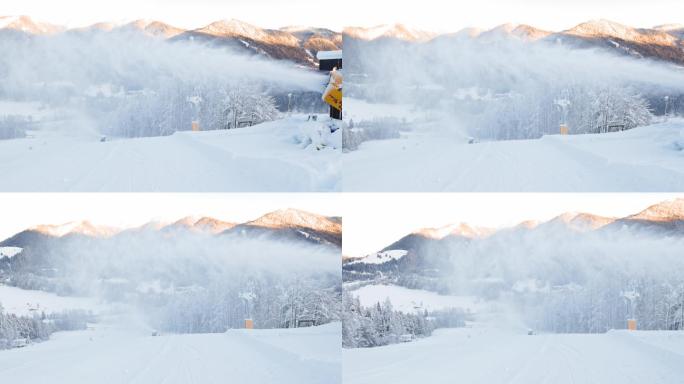 雪炮在滑雪坡上喷洒雪