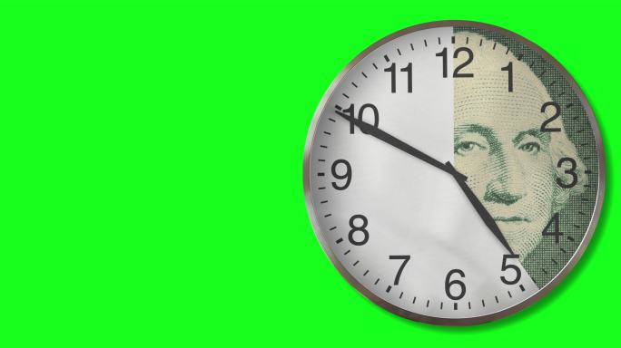 金钱时钟：绿色屏幕背景上12小时的金钱