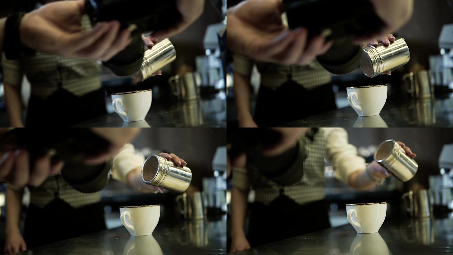 女孩把粉末倒进咖啡里，同时摄像机记录下来