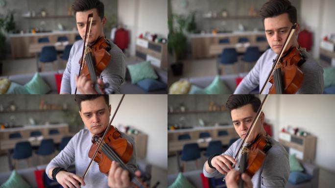 男小提琴手在客厅排练乐曲