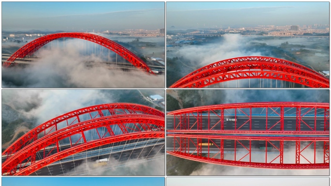 航拍红色大桥平流雾