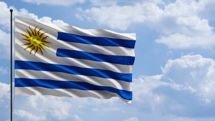 4k乌拉圭国旗在桅杆上迎风飘扬