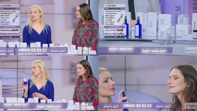 英国电视广告蒙太奇：一名女性在女主持人和模特的帮助下，在电视广告节目中展示化妆台词