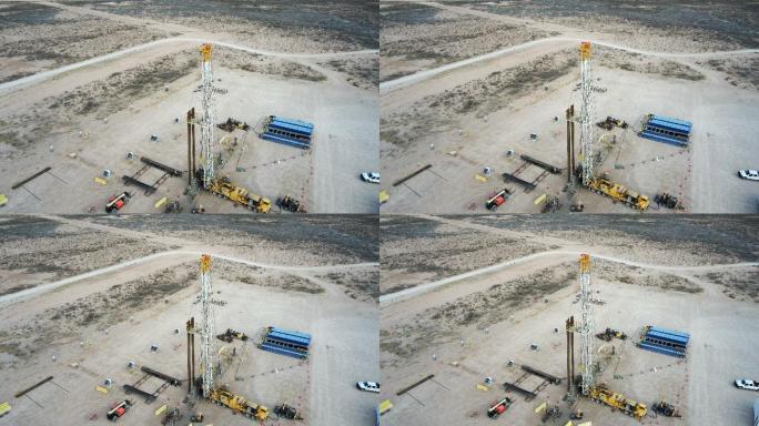 便携式石油或天然气钻井压裂平台的无人机视图