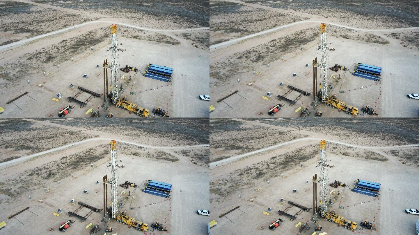 便携式石油或天然气钻井压裂平台的无人机视图
